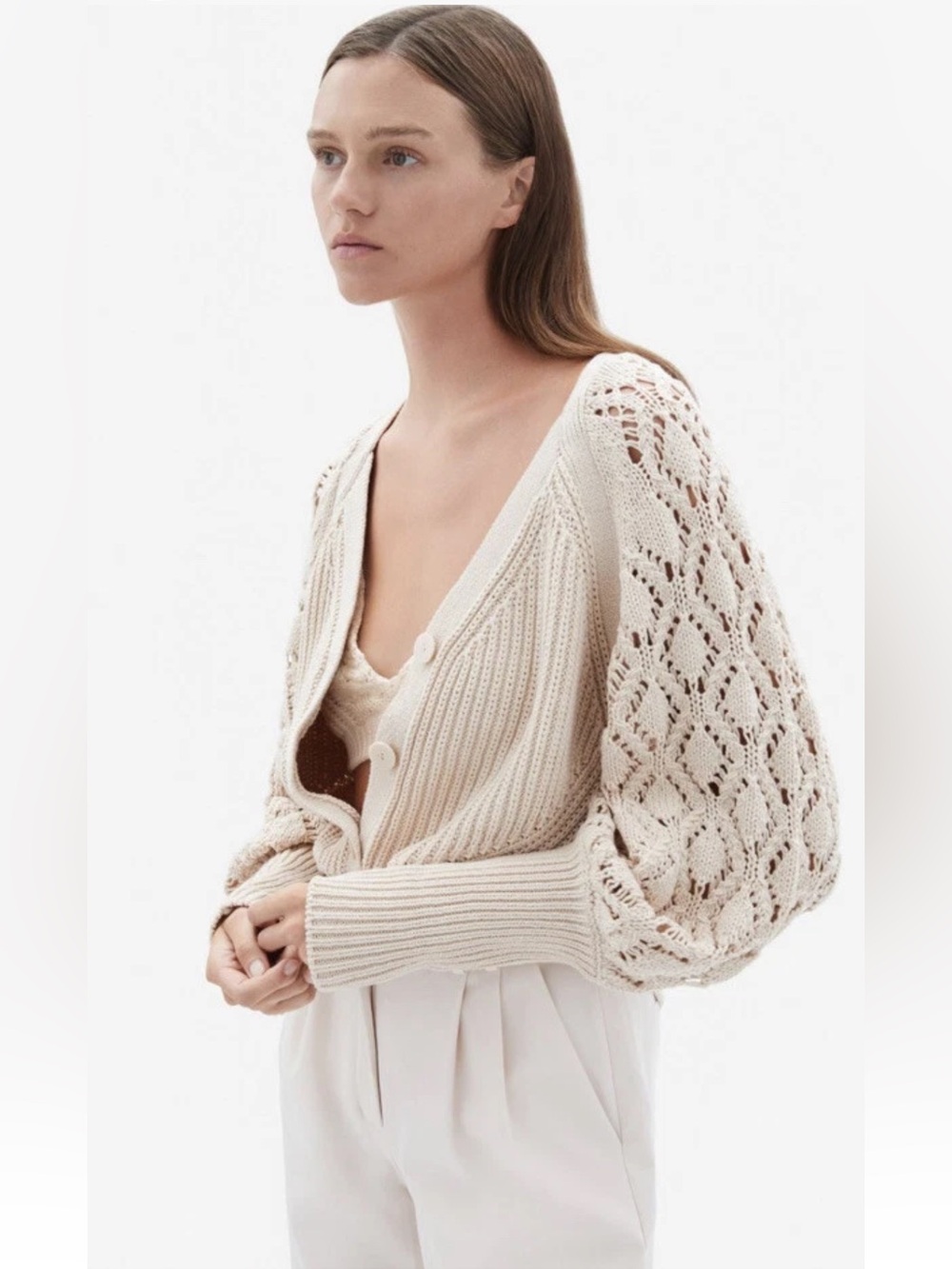 SIMKHAI Adeline Contrast-Knit Cardigan Soft Beige Size S Engraved Buttons